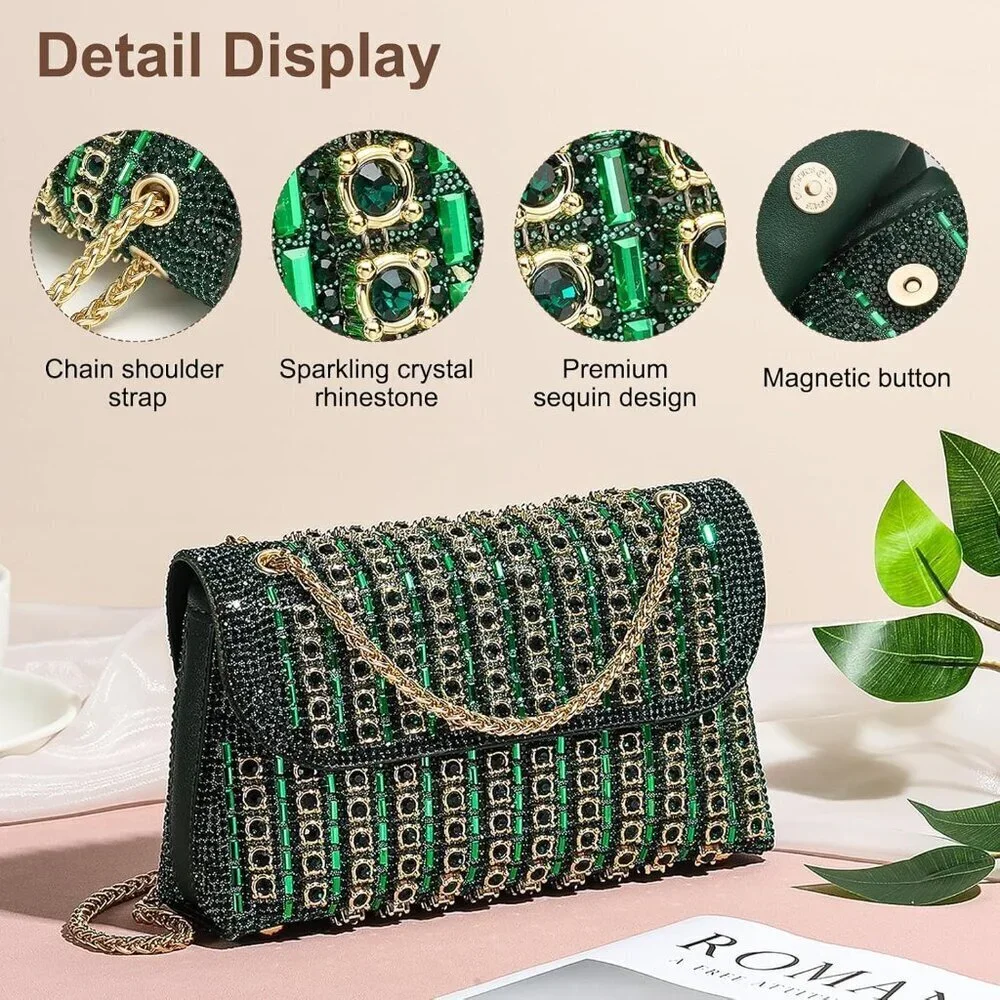 Green Crystal Evening Bag Clutch Purse Crossbody Wedding Party Elegant